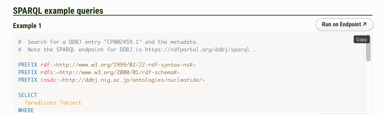 Screenshot: SPARQL example query section with the 'Run on Endpoint' button